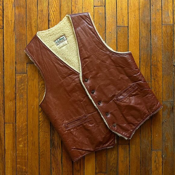 Vintage 60's L.L. Bean Sherpa Wool Lined Cowhide Leather Vest‎ Men Large Brown
